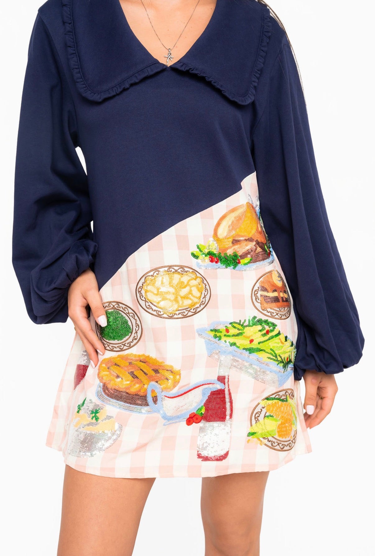 Queen of Sparkles Navy & Pink Gingham Colorblock Thanksgiving Meal Collar Dress