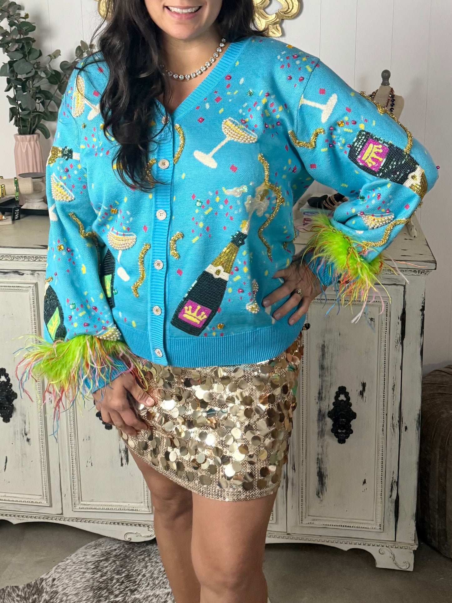 Queen of Sparkles Aqua Popping Champagne Cardigan