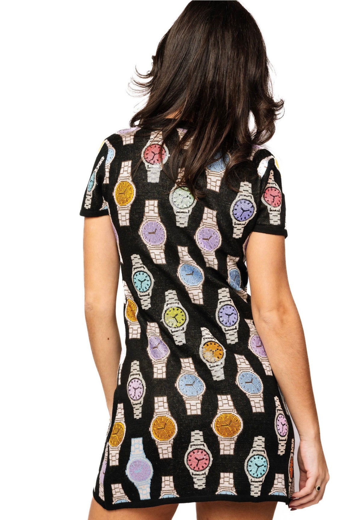 Queen of Sparkles Black Multi Watch Knit Button Up Dress