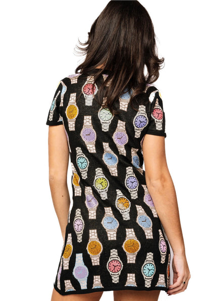Queen of Sparkles Black Multi Watch Knit Button Up Dress