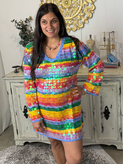 Queen of Sparkles Rainbow Paillette Long Sleeve Knit Dress