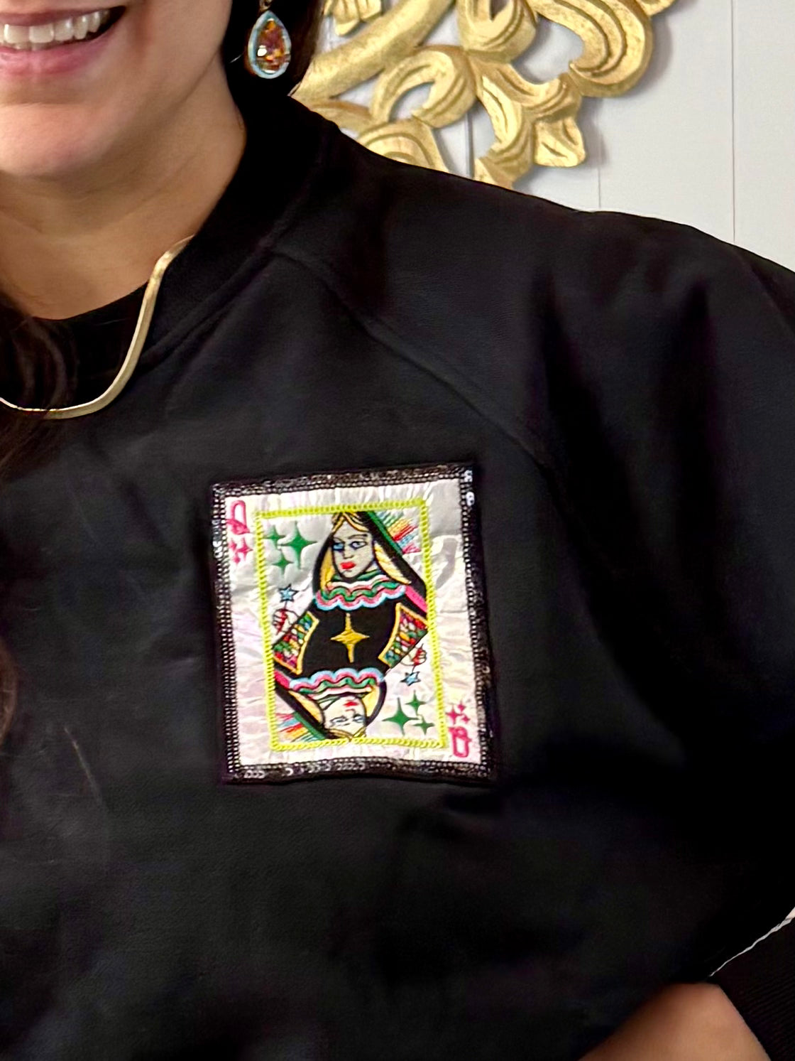 Queen of Sparkles Black QOS Card Rhinestone Tie Sweatshirt