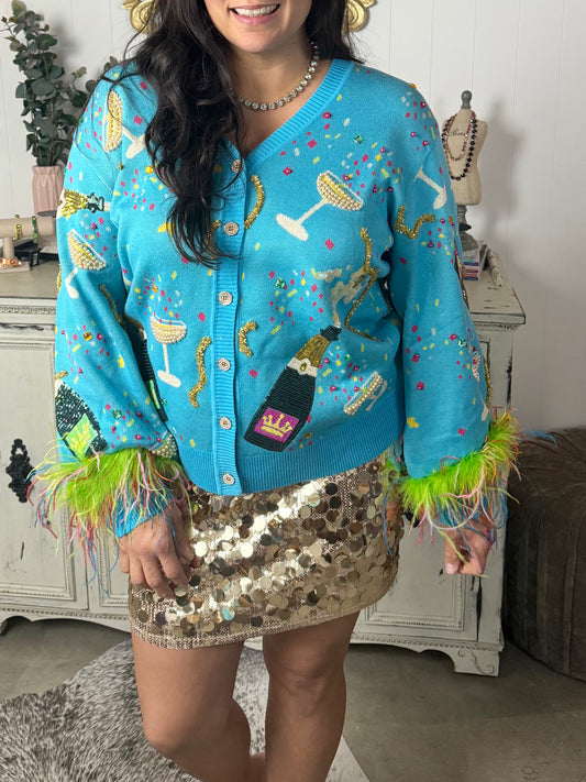 Queen of Sparkles Aqua Popping Champagne Cardigan