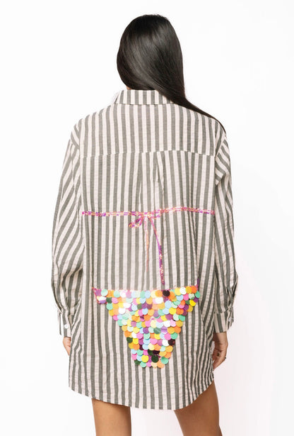 Queen of Sparkles Black & White Stripe Cotton Button Up With Rainbow Bikini Tunic