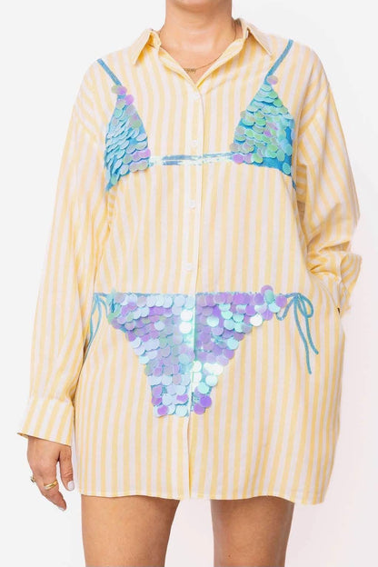 Queen of Sparkles Yellow & White Stripe Cotton Button Up With Blue Bikini Tunic