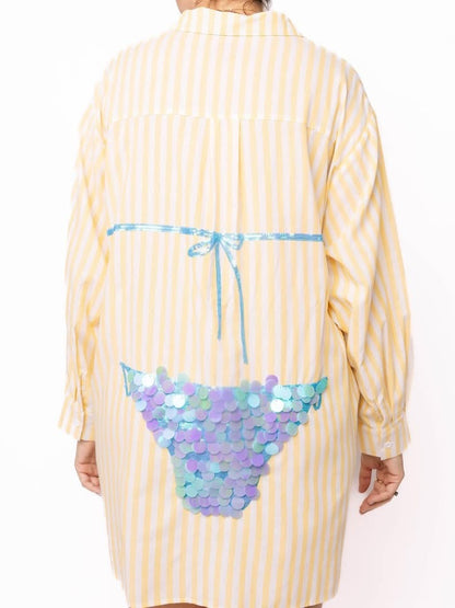 Queen of Sparkles Yellow & White Stripe Cotton Button Up With Blue Bikini Tunic