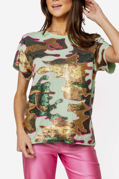 Queen of Sparkles Sequin Mint & Brown Camo Tee