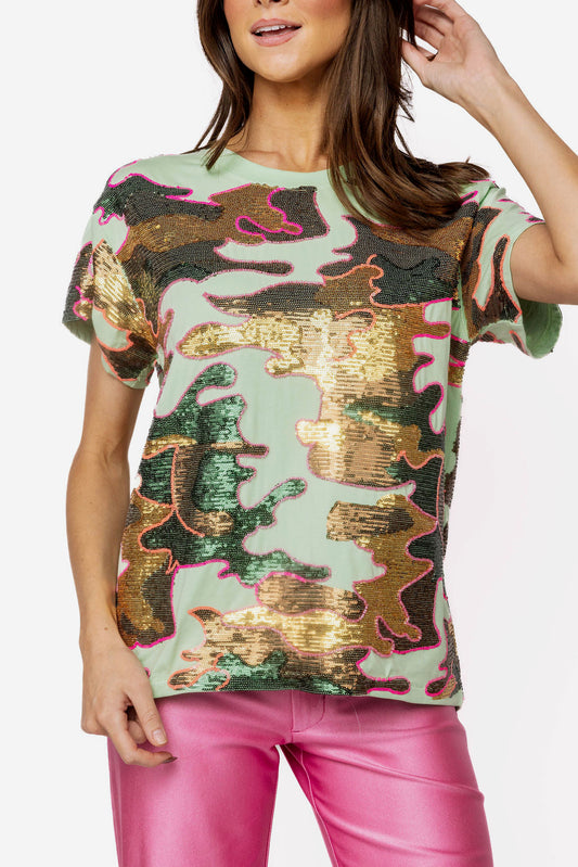 Queen of Sparkles Sequin Mint & Brown Camo Tee