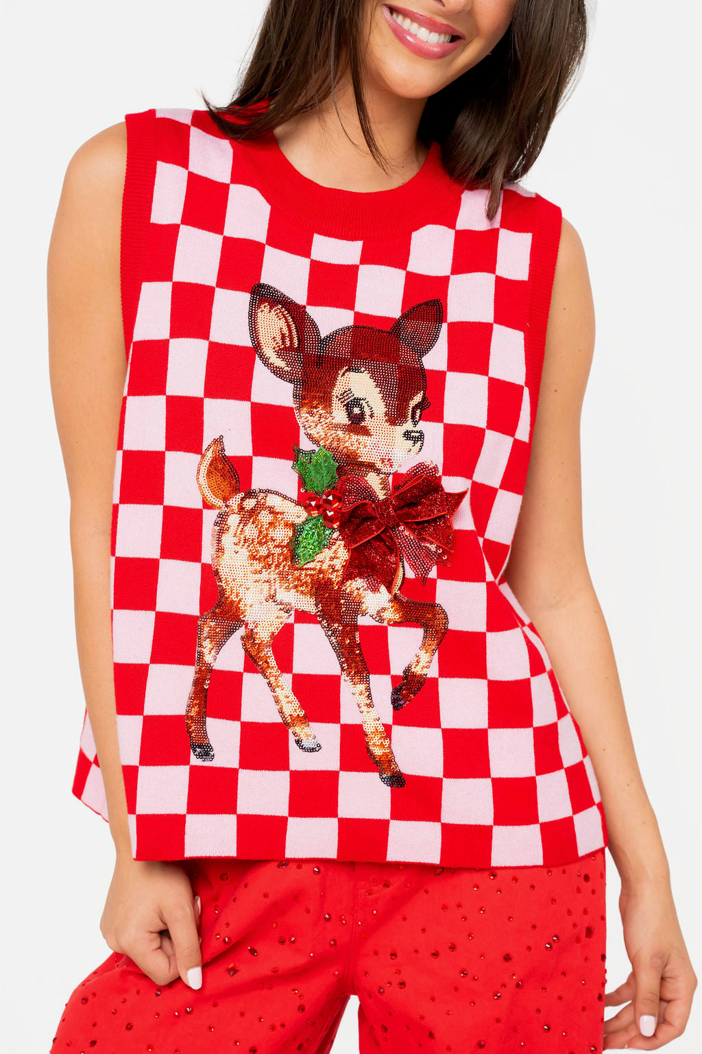 Queen of Sparkles Red & Pink Checkered Reindeer Knit Vest