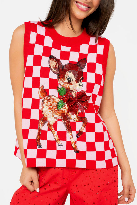 Queen of Sparkles Red & Pink Checkered Reindeer Knit Vest