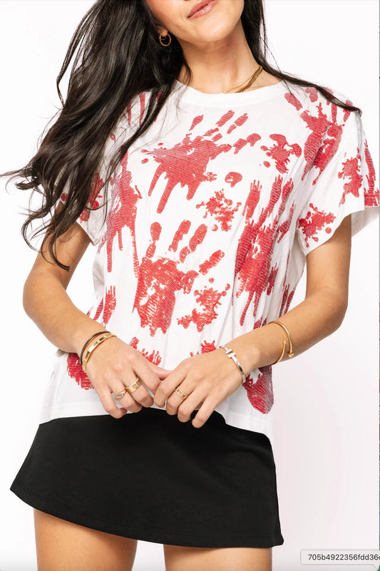 Queen of Sparkles White Sequin Bloody Hands Tee