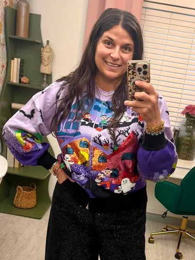 Queen of Sparkles Lavender Multi Trick Or Treating Scene Cardigan