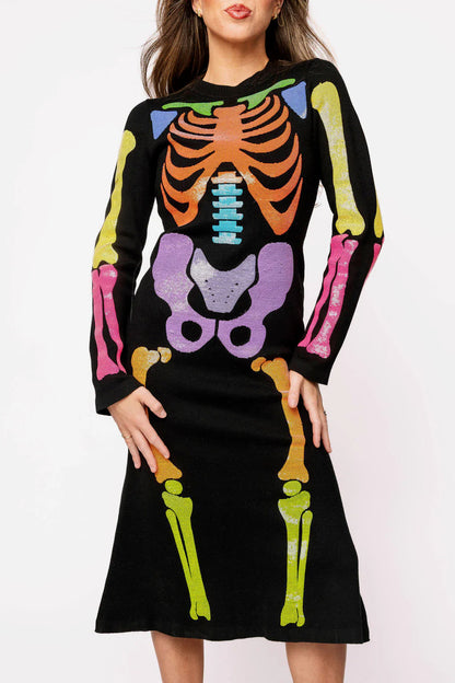 Queen of Sparkles Black Multi Skeleton Knit Midi Dress