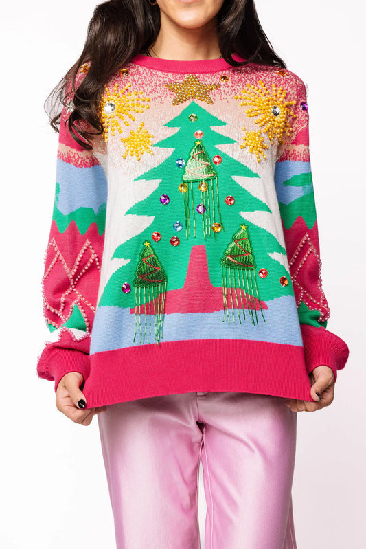 Queen of Sparkles Pearl Fringe Christmas Tree Sweater