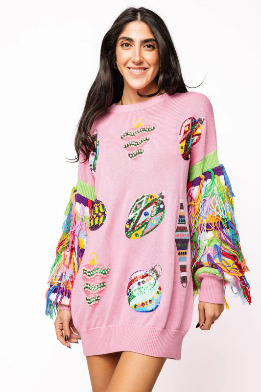 Queen of Sparkles Pink Multi Jeweled Ornament Fringe Sweater Dress
