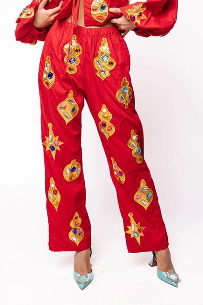 Queen of Sparkles Red & Gold Jeweled Ornament Pant