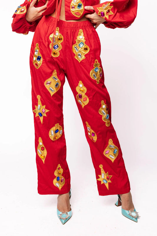 Queen of Sparkles Red & Gold Jeweled Ornament Pant