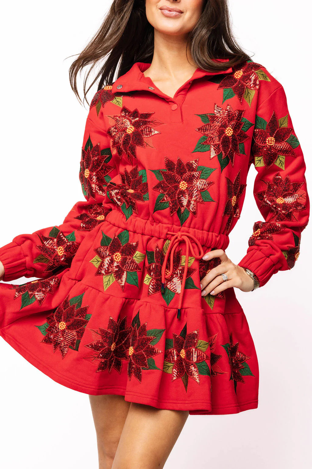 Queen of Sparkles Red Poinsettia Sweatshirt Dress