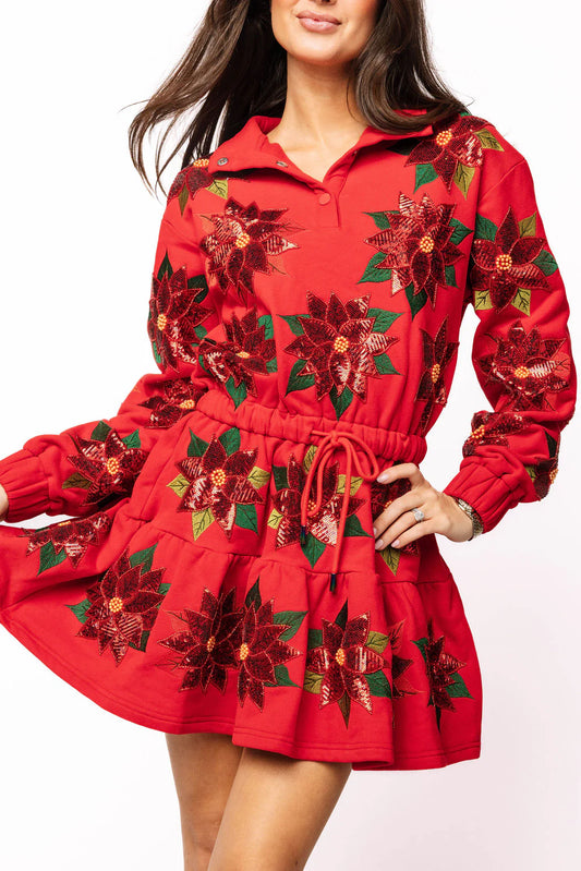 Queen of Sparkles Red Poinsettia Sweatshirt Dress