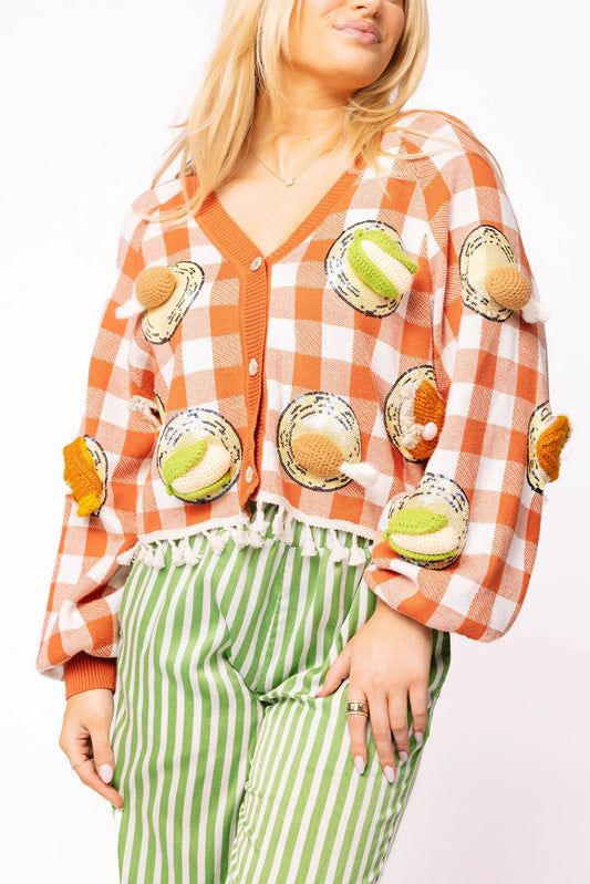 PRE ORDER Queen of Sparkles Orange Checkered Thanksgiving Food Cardigan