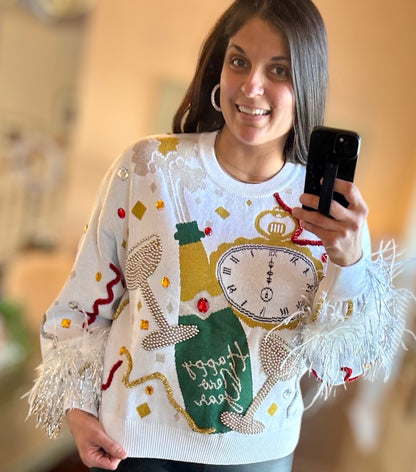 Queen of Sparkles White Oversized Champagne and Feathers Sweater