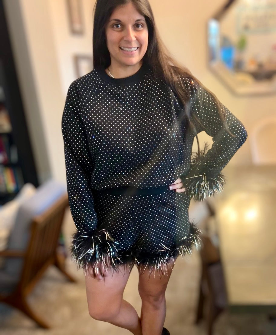 Queen of Sparkles Black Scattered Rhinestone Feather Shorts