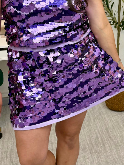 Queen of Sparkles Lavender Sequin Pailette Tiger Knit Skirt