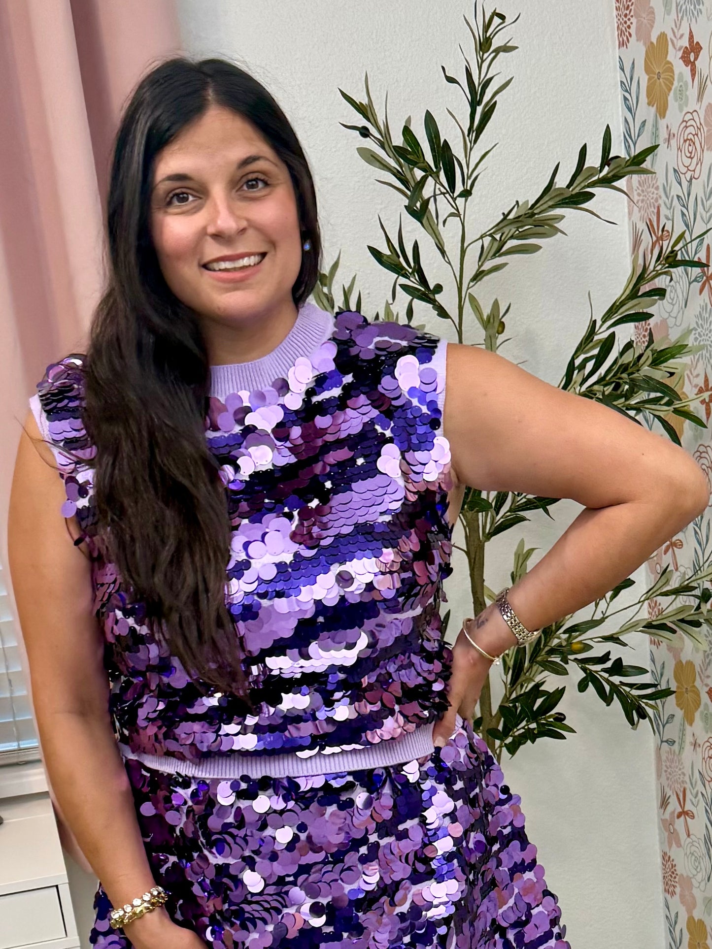 Queen of Sparkles Lavender Sequin Pailette Tiger Knit Tank