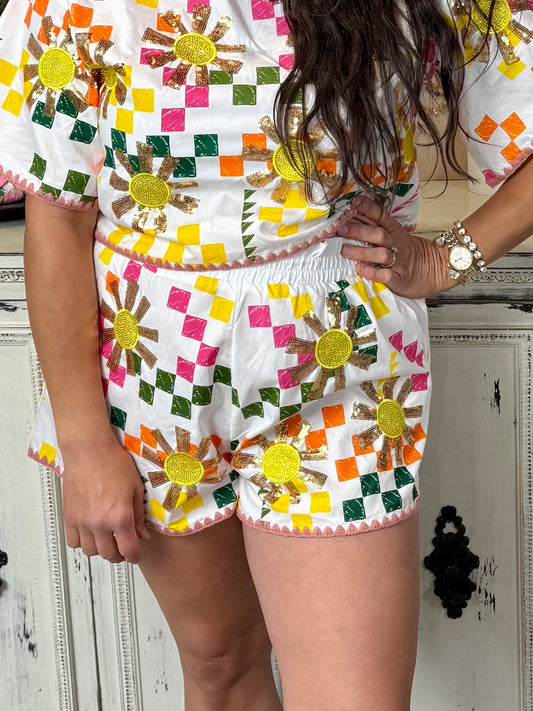 Queen of Sparkles White Multi Checkered Sun Short