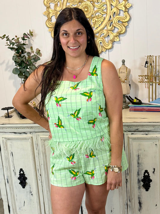 Queen of Sparkles Green Plaid Hummingbird Bird Feather Tank