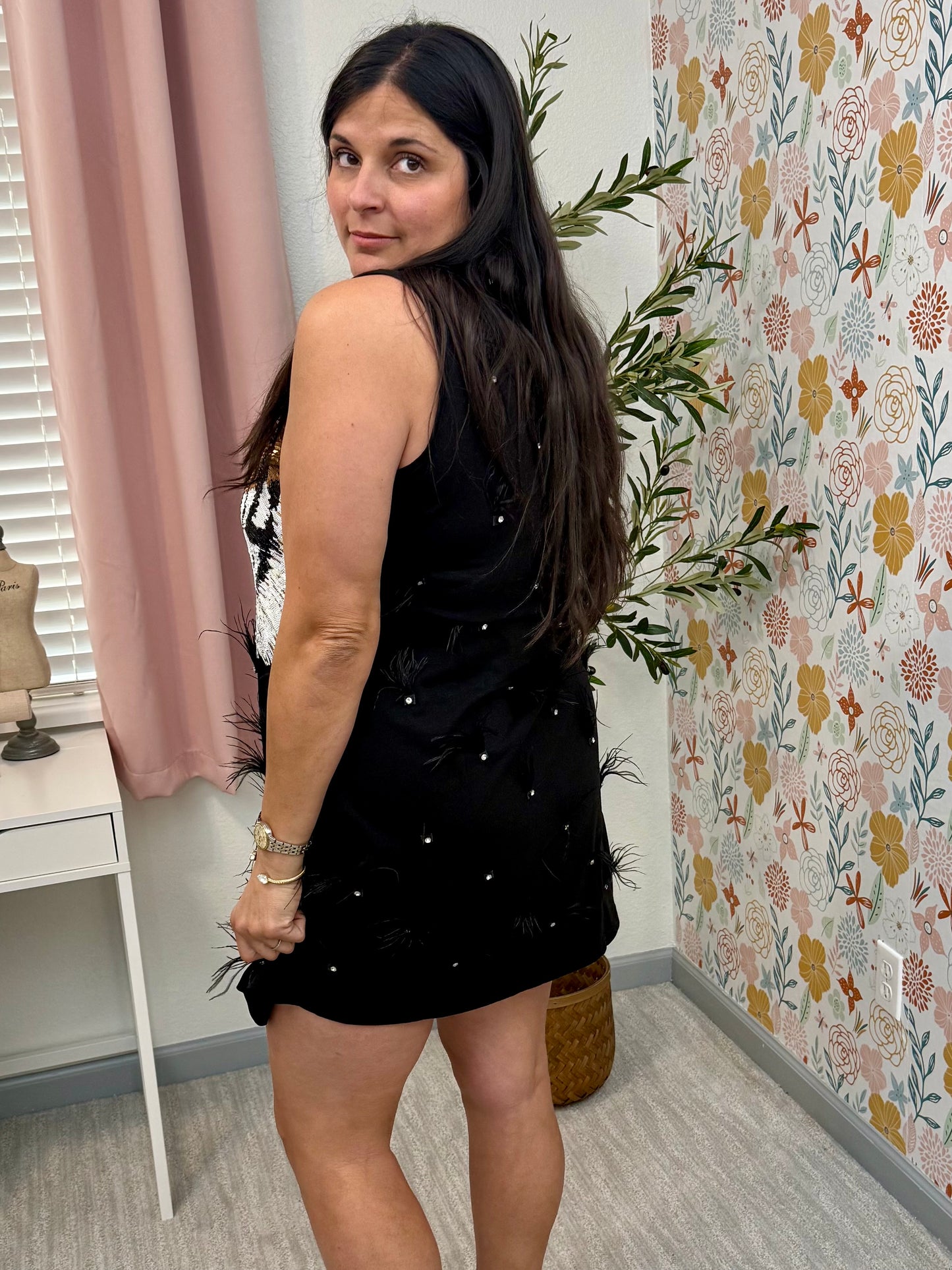 Queen of Sparkles Black Sequin Tiger Face Rhinestone Feather Tank Dress
