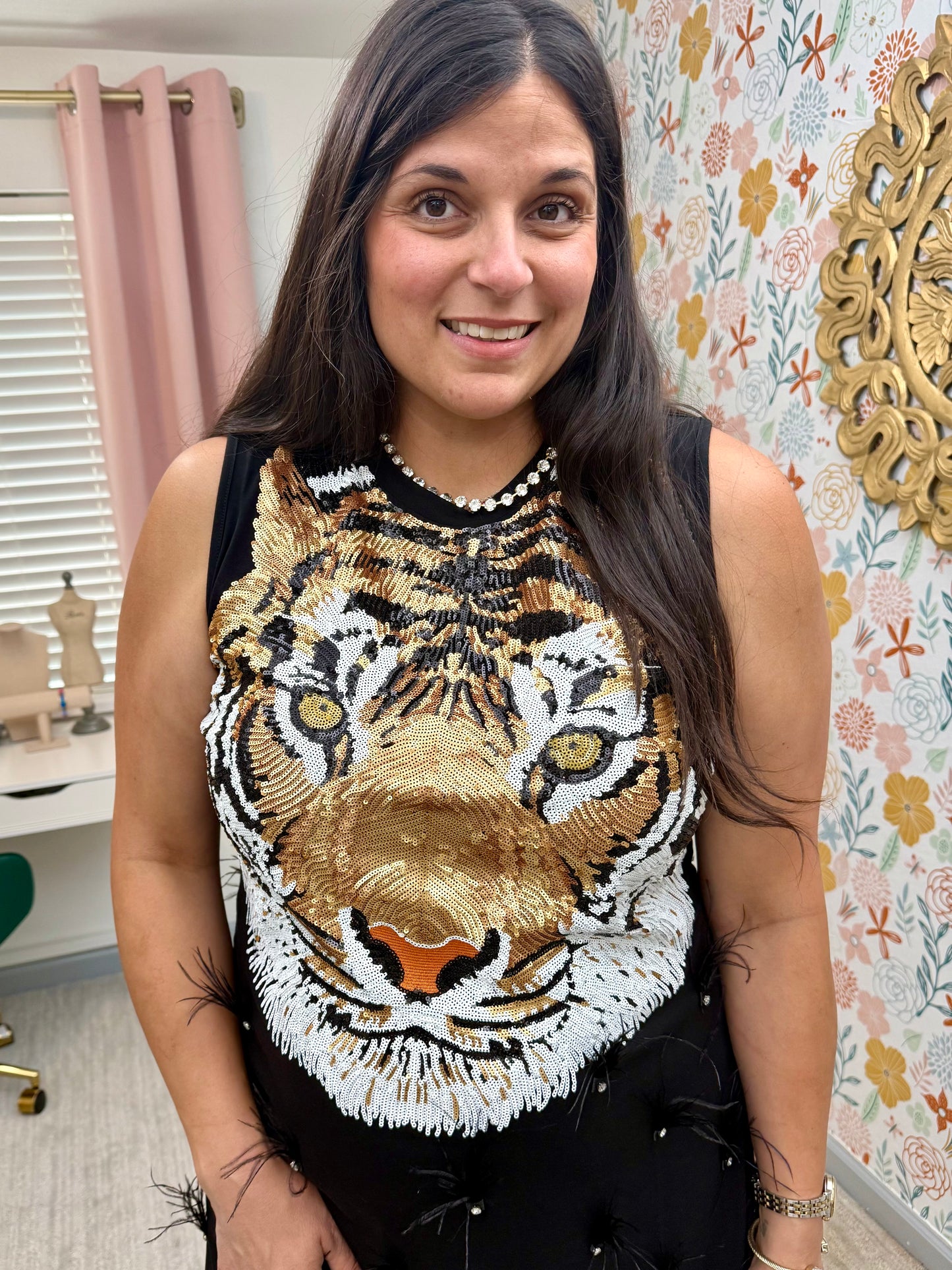Queen of Sparkles Black Sequin Tiger Face Rhinestone Feather Tank Dress