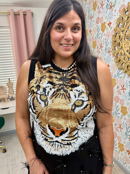 Queen of Sparkles Black Sequin Tiger Face Rhinestone Feather Tank Dress