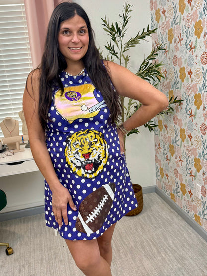 Queen of Sparkles Licensed LSU Football & Helmet Icon Polka Dot Tank Dress