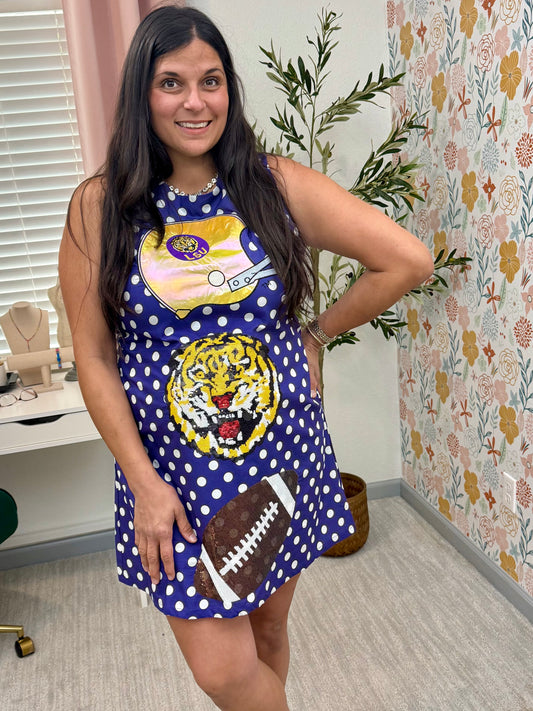 Queen of Sparkles Licensed LSU Football & Helmet Icon Polka Dot Tank Dress