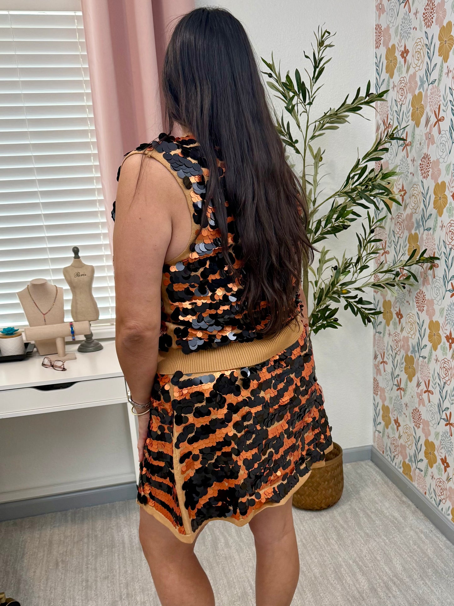 Queen of Sparkles Tan Sequin Pailette Tiger Knit Skirt