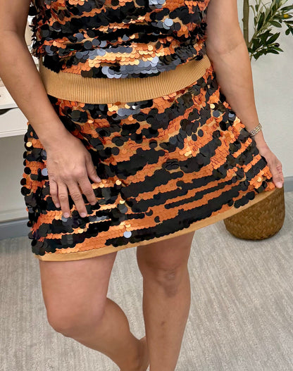 Queen of Sparkles Tan Sequin Pailette Tiger Knit Skirt