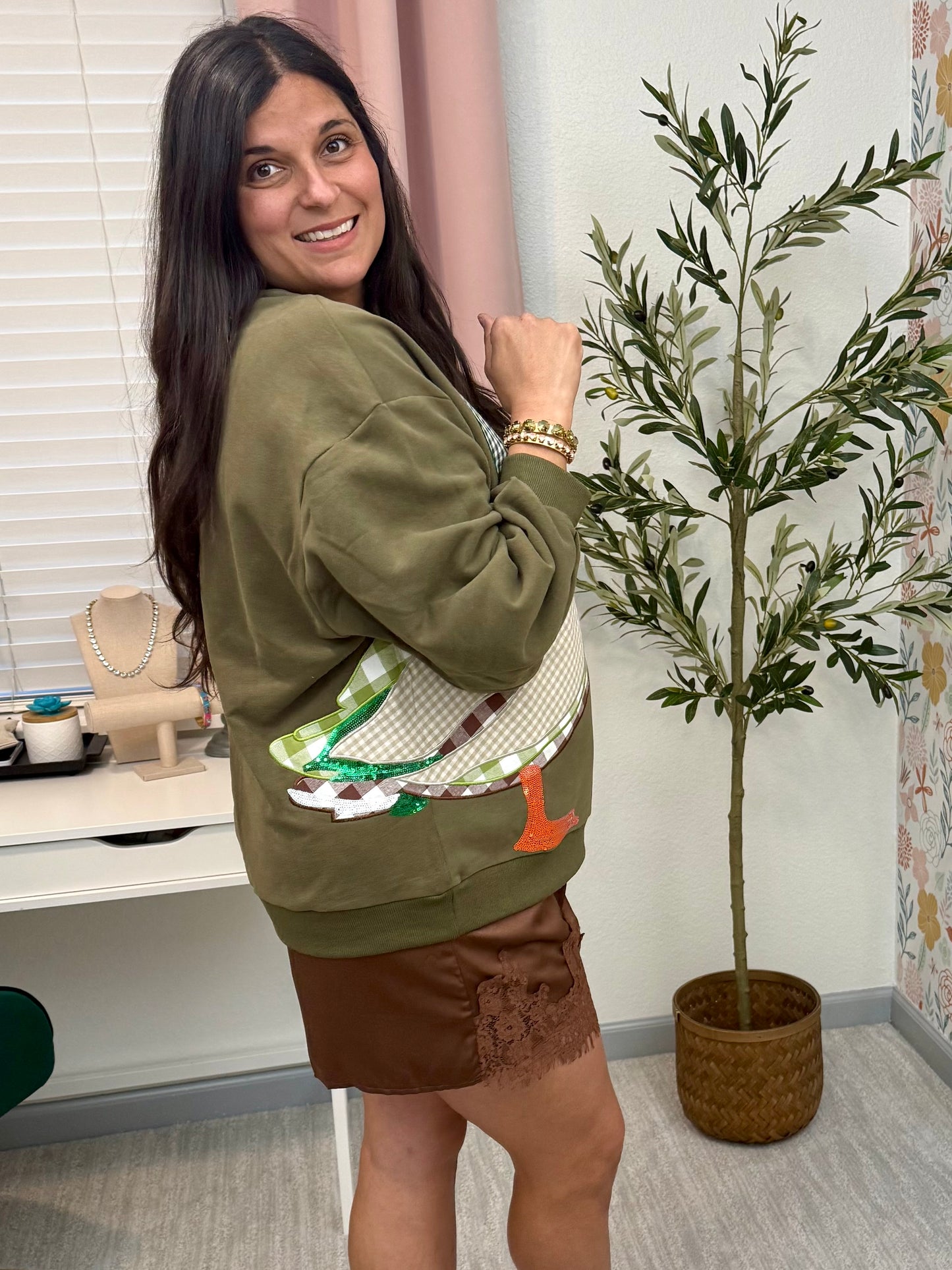 Queen of Sparkles Hunter Green Plaid Duck Sweatshirt