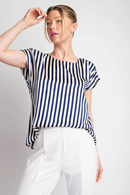 Navy Striped Cap Sleeve Top