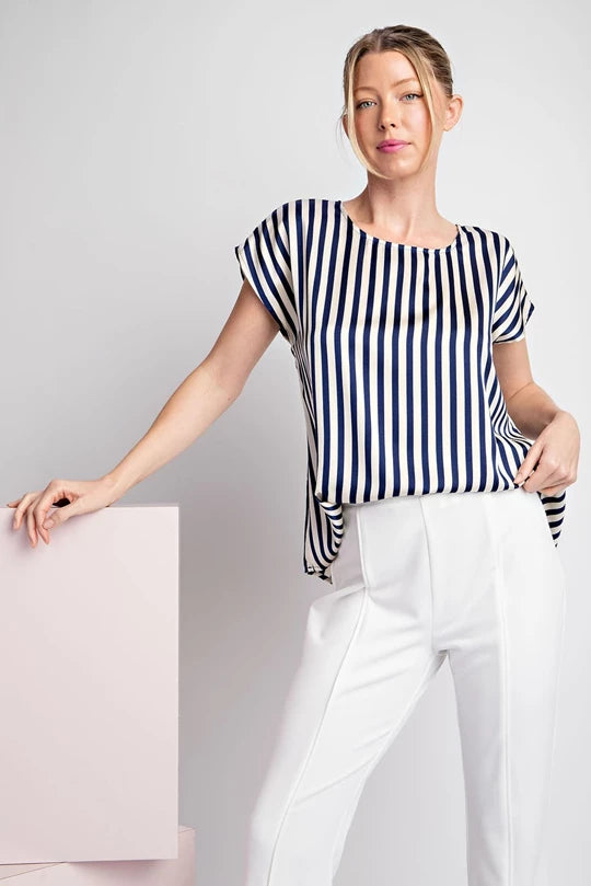 Navy Striped Cap Sleeve Top