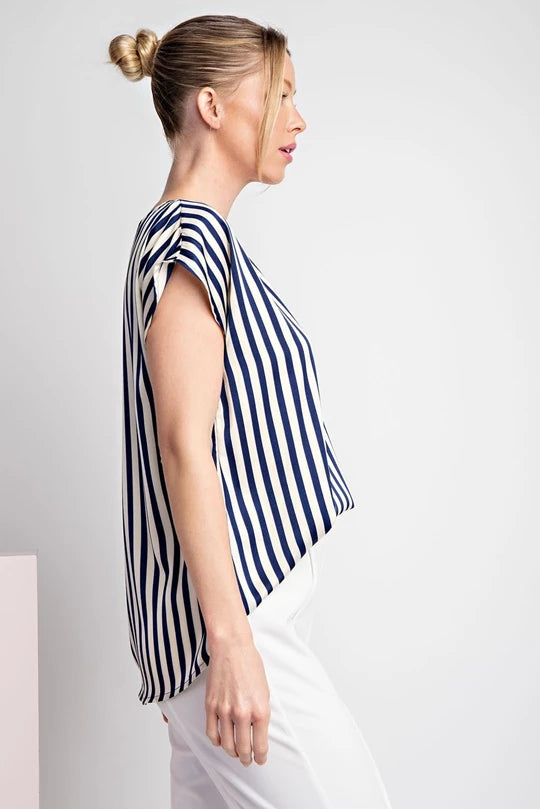 Navy Striped Cap Sleeve Top