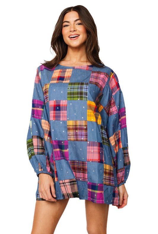 Queen of Sparkles Denim & Multi Plaid Checkered Bubble Sleeve Dress