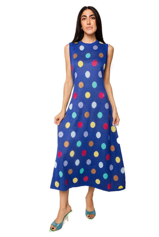 Queen of Sparkles Royal Multi Polka Dot Knit Midi Dress