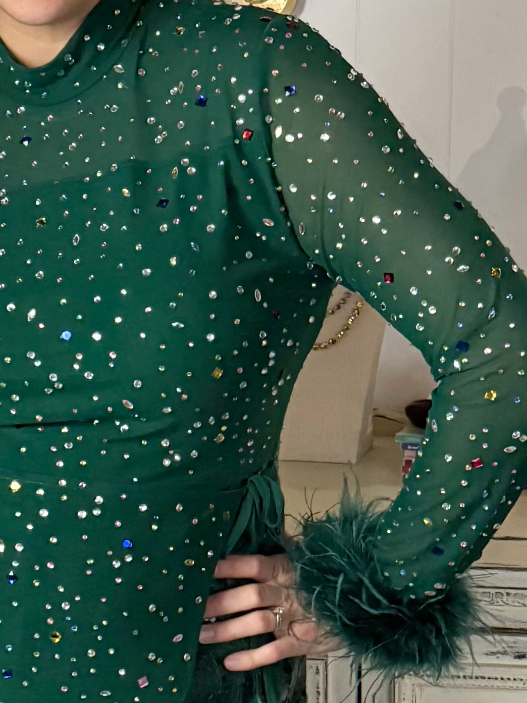 Queen of Sparkles Green Feather & Rhinestone Sequin Short Romper