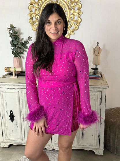 Queen of Sparkles Pink Feather & Rhinestone Sequin Short Romper