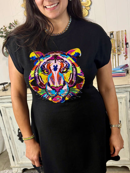 Queen of Sparkles Black Rainbow Tiger Dress