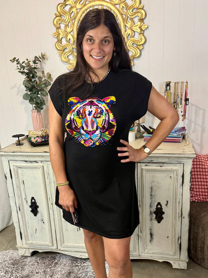 Queen of Sparkles Black Rainbow Tiger Dress