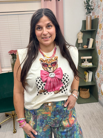 Jeweled Fierce And Fabulous Pink Bow Leopard Tank