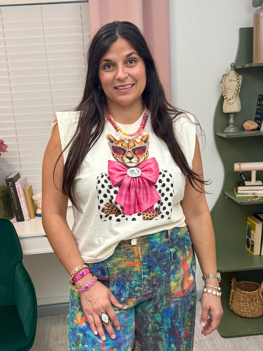 Jeweled Fierce And Fabulous Pink Bow Leopard Tank