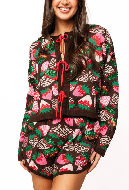 Queen of Sparkles Brown Multi Strawberry Sweater
